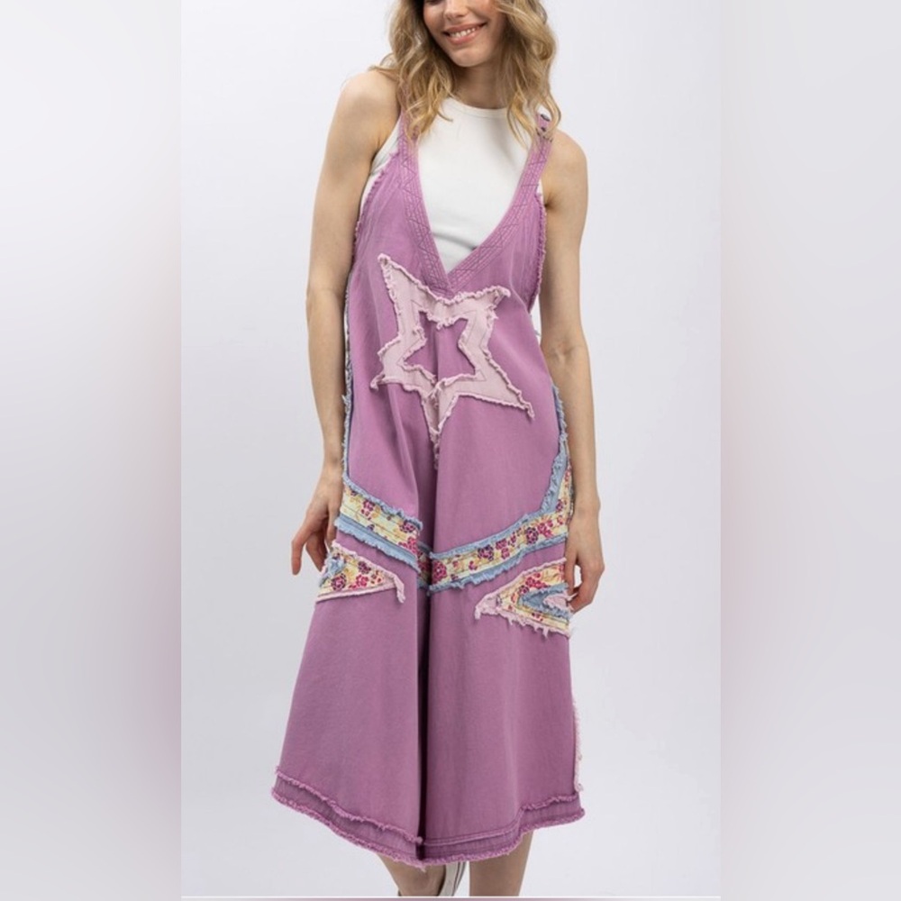 Blue velvet jumpsuit Star patchwork 
Pink purple blue
